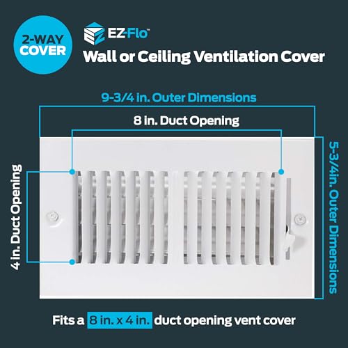EZ-FLO 8 x 4 Inch (Duct Opening) Air Vent Cover for Wall or Ceiling, Two-Way Ventilation Register, Solid Steel HVAC Register Cover, White, 61608 - size: 8 in. x 4 in.