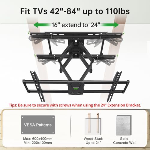 USX Mount Full Motion TV Wall Mount 42"-84" TVS, Fits 16" 18" or 24" Studs, Heavy Duty TV Mounts Bracket with Dual Articulating Arms Tilt Swivel Extension Max VESA 600x400mm, Weight Capacity 110lbs - size: For 42" to 84" TVs