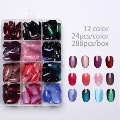 288Pcs Cat Eye Press on Nails Short Almond Fake Nails 12 Color Glitter False Nails Shiny Acrylic Glossy Glue on Nails Gradient Stick on Nail for Women Manicure - color: Style 12
