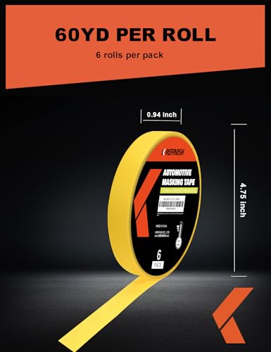 KREFINISH Painters Tape for Cars Vehicles Paint Tape Auto Body Yellow Masking Tape Heat Resistant Automotive Removable No Residue Painting Tape Bulk Set for Paint Booth, 0.94in-60 yards/6rolls - size: 0.94in-6rolls