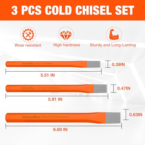 ValueMax 3-Piece Heavy-Duty Cold Chisel Set, Metal Chisel Set | 3/8-Inch, 1/2-Inch, 5/8-Inch, Premium Cr-V Steel, For Carpentry, Metalwork, Woodwork & Masonry Work - size: Small