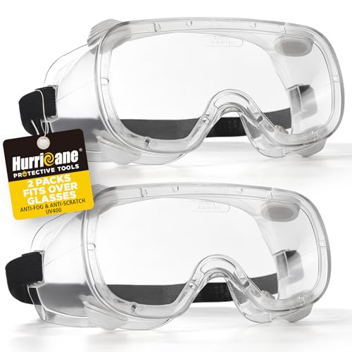 HURRICANE 2 Pack PVC safety goggles, UV400 transparent lenses, with white air valve, anti-fog function, adjustable elastic band