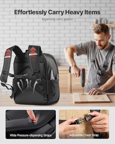 VEVOR Tool Backpack, 49 Pockets, Heavy-duty Tools Storage Organizer Work Bags Backpack with Laptop Compartment & Reinforced Fabric Base, Electrician Jobsite Backpack for Electrician, Repairman - size: 49 Pockets + Non-Rolling
