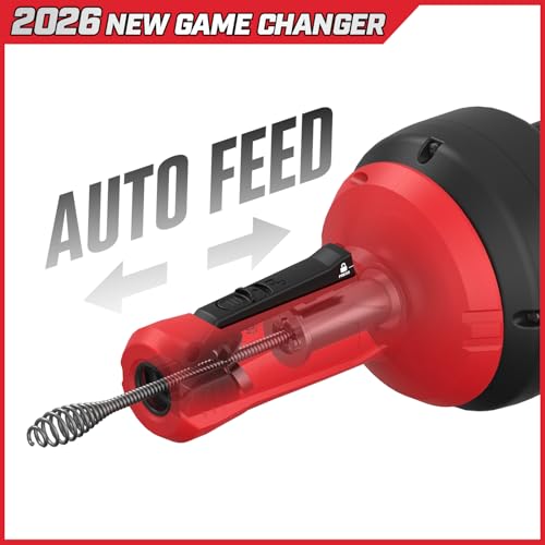 POPULO Auto-Feed 17FT Drain Snake Auger for 3/4"-2" Pipe, Plumbing Snake Drain Auger with Drill Adapter, Sink Snake Drain Hair Remover for Kitchen, Bathroom and Shower Sink, PMDA-5