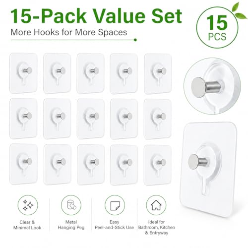 15Pcs Picture Hangers Without Nails, Drill Free Adhesive Wall Hooks, 33 lbs - color: Transparent-15PCS