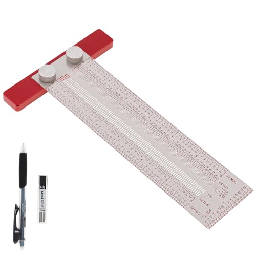 6" Precision Marking T-Rule, Stainless Steel Scribe Line Ruler with Holes for Cutting Sawing, Scribing Ruler Woodworking Marking Tools Carpenter Draft Measuring T-Square with Stops (Red, 6 inch) - size: 6 inch