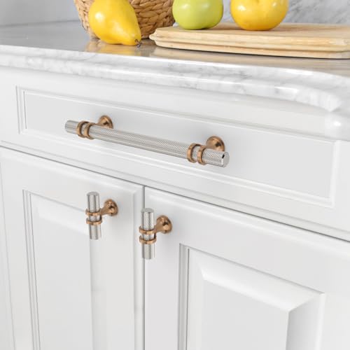 Asidrama 10 Pack 5 Inch(128mm) Knurled Satin Nickel and Champagne Bronze Kitchen Cabinet Handles, Cabinet Pulls Kitchen Cabinet Hardware Cupboard Handles Drawer Pulls - color: Nickel-Champagne Bronze, size: 5" Hole Center, style: 10 Pack