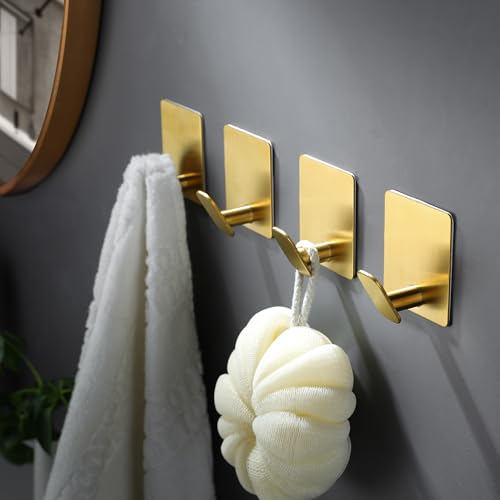 DELITON Gold Towel Hooks- 4 Pack Adhesive Hook for Coat Robe Clothes Stick on Bathroom Wall Brushed Gold Finish Heavy Duty, Stainless Steel - color: Gold-4