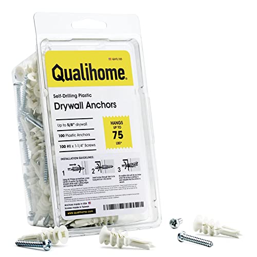 Qualihome Drywall Anchors with Screws – Self-Drilling Drywall Anchors, Anti-Spin Grip, No Pre-Drill Wall Anchor Kit, Strong & Reliable Hold, 100 Pack (200 Pieces) - style: 100 Pack (200 Pieces)