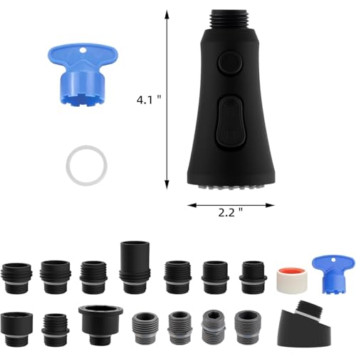 Hibbent Pull Down Kitchen Faucet Head Replacement with 15 Adapters - color: Matte Black, style: Stay on sprayer without hold button