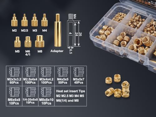 Heat Set Thread Inserts 380pcs Boxed with M2 M2.5 M3 M4 M5 M6(1/4) M8 Insert Tips for 3D Printing Components and Plastic Parts-Brass Metric Knurled Nuts - size: 380Pcs-Assortment Kit