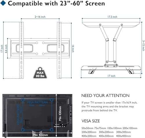 BONTEC Full Motion TV Wall Mountfor 23-70 Inch TVs, Swivel Tilt Dual Arms - size: 23-70 Inch