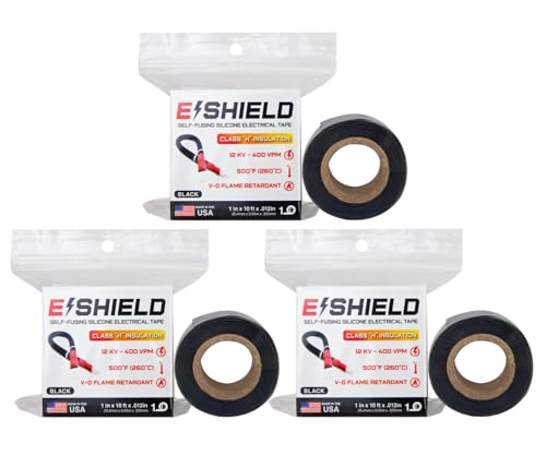 Bond It E-Shield Self-Fusing Silicone Electrical Tape, Adhesive-Free, Arc & Track Resistant Electrical Insulation Wrap, Waterproof, Heat Resistant Up to 500F, Non-Sticky, 1" x10'x12mil, 3-Pack, Black - color: Black