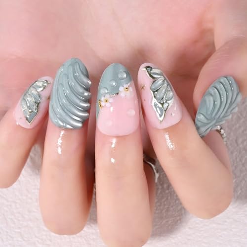Short Almond Handmade 3D Floral Press On Nails Pink Green Mixed French – Spring Summer Daily White Flower Design, Acrylic Fake Nails for Women, Salon-Quality Reusable Stick-Ons | Party Wear - color: 50-Short Almond Green 3D Glue Silver Butterfly, size: 24
