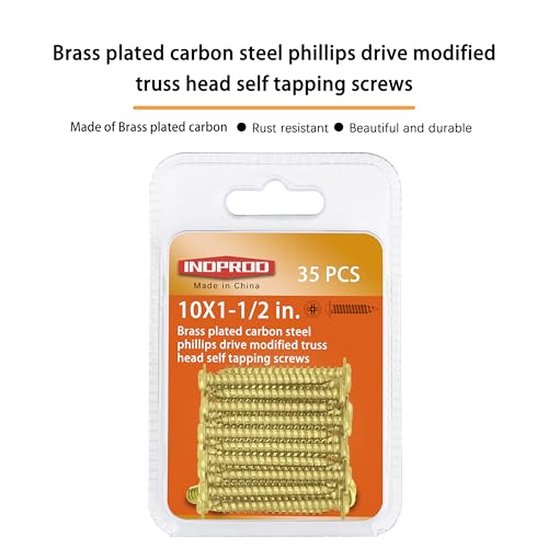 INDOROD #10 x 1-1/2" Phillips Truss Head Wood Screws, Modified Truss Head Sheet Metal Screws Self Tapping Screw, Brass Plated Carbon Steel, Self Tapping, 10 x 1-1/2 Inch, 35 PCS - size: #10 x 1-1/2"