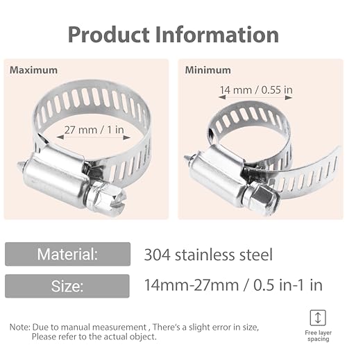 1 Inches Hose clamps,304 Stainless Steel Worm Gear Hose Clamps,10 Pcs Fuel Line Pipe Clamps - size: 0.5 in - Φ14~27 mm