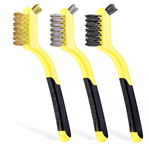 Lavaxon Wire Brush Set 3Pcs - Nylon/Brass/Stainless Steel Bristles with Curved Handle Grip for Rust, Dirt & Paint Scrubbing with Deep Cleaning – 7 Inches (Yellow) - color: Yellow