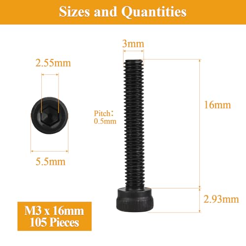 105 Pieces M3 x 16mm Socket Head Cap Screws, Thread Pitch 0.5mm, Sutemribor M3 Black Screws, 12.9 Grade Alloy Steel, Black Oxide Finish, Fully Threaded - size: M3 x 16mm, style: Socket Head