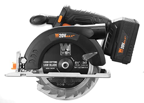 WEN Cordless Circular Saw, 6.5-Inch Blade with 20V Max 4.0 Ah Lithium-Ion Battery and Charger (20625)