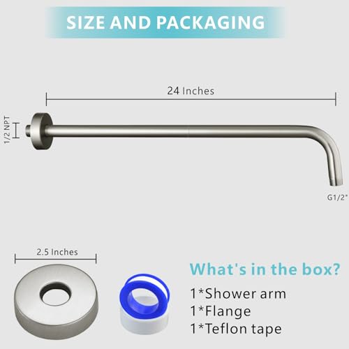 Shower Arm with Flange, 24 Inches Wall Mount Replacement Extension Showerhead Arm For Fixed Shower Head, Brushed Nickel - color: Brushed Nickel, style: 24 Inch