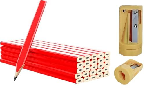 Bexter Carpenter Pencil Set with Sharpeners – 20 Red Flat Woodworking Marking Tools + 2 Sharpeners for Construction, Carpentry, Framing & DIY