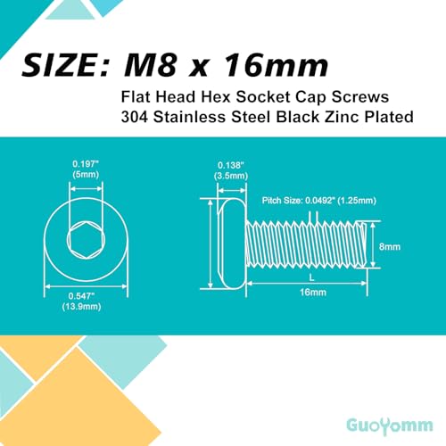 M8 x 16mm 25Pcs Flat Head Hex Socket Cap Screws, 304 Stainless Steel 18-8, Black Zinc Plated, Connection Furniture Bolts, Full Thread - size: M8 x 16mm(25PCS)
