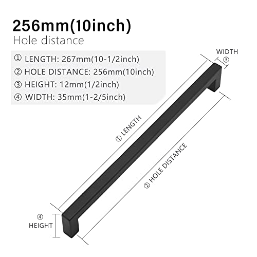 Cabinet Pulls Matte Black Cabinet Handles Square Drawer Pulls, 10 Pack 10 Inch Stainless Steel Kitchen Door Cupboard Cabinet Handles, Drawer Hardware Handles, 256mm Hole Centers - size: 10 inch Hole Centers(256mm)