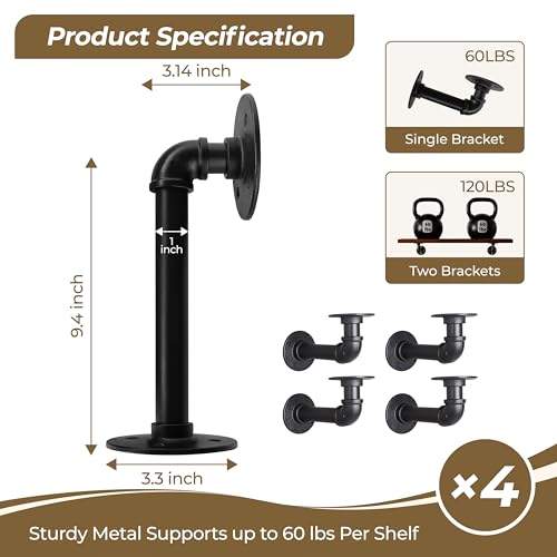 Industrial L Pipe Shelf Brackets for 10-20 in Depth Wood Heavy-Duty 3/4" Iron,Wall Mount Floating Shelf Bracket L Metal Pipe Shelving Brackets for Wood-Black DIY Pipe Shelves(9.4*3.1 Inch 4 Pack) - size: 9.4 inch 4 pack (for 10-20 inch depth board), style