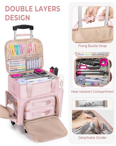 Rolling Hair Tools Travel Bag, Hairstylist Bag with Wheels, Pink - color: Pink