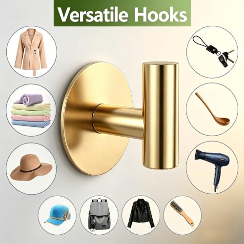 Gold Stainless Steel Wall Hooks, Heavy Duty Self-Adhesive Hooks for Coats, Towels, Robes, Hats, Aprons – No Drill Bathroom, Kitchen, Hotel (4 Pack) - color: Gold, size: Adhesive "T" Shape- 4 Pack