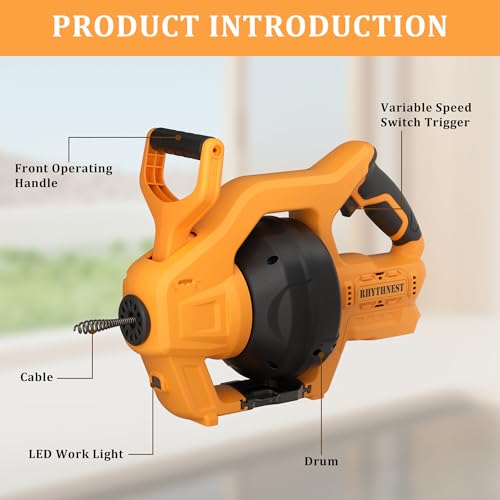 Cordless Drain Auger Compatible with Dewalt 20V Battery, 24 FT Replaceable Auto-Feed Plumbing Drain Snake That Clear Clogs in 3/4''-3” Pipes of Sink, Toilet, Bathtub, and Sewer(No Battery)