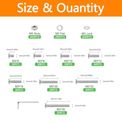 1200 Pcs Countersunk Head Hexagon Socket Screws Bolts and Nuts and Washers Assortment Kit, M3 Metric Stainless Steel Bolts and Machine Screws and Nuts and Washers Set for Home Industrial - size: M3x6/8/10/12/14/20/25/30-1200Pcs