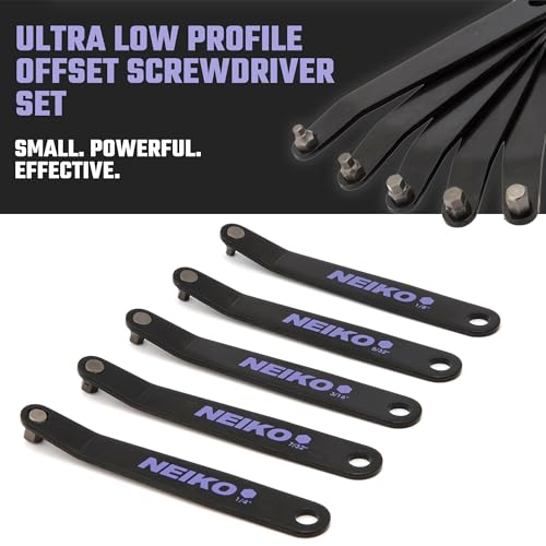 NEIKO 01320A Ultra Low Profile Offset Screwdriver Hex Set, 5 Pc, Heavy Duty S2 Steel Construction, SAE, 10mm Bit Depth, Angled Hex Bit, Bent Screwdriver for Tight Spaces, Allen Wrench Keychain - style: Hex SAE