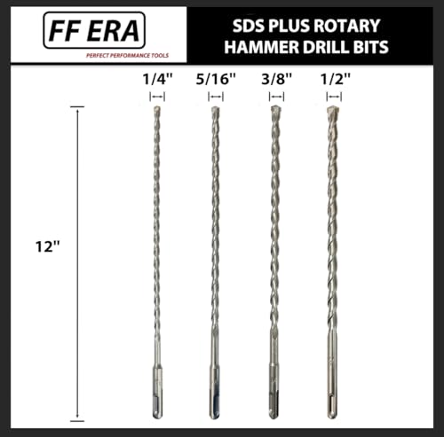 SDS Plus Drill Bits – 4pcs 12 Inch Masonry SDS Plus Drill Bit Set - Carbide Tipped - Rotary Hammer Drill Bits for Brick, Stone, Concrete (1/4” x 12”, 5/16” x 12”, 3/8” x 12”, 1/2” x 12”) - size: 4PCS(1/4” x 12”,5/16” x 12”,3/8” x 12”,1/2” x 12”)