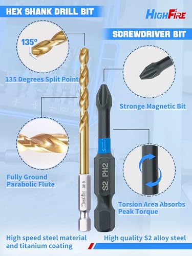 HIGHFIRE 48PCS Impact Screwdriver Bit and Drill Bit Set for Wood Metal Drilling & Screw Driving, Full Combo Kit Assorted in Index Carrying Case - size: 48pcs
