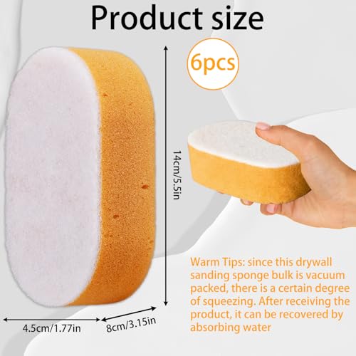 6 Pack Drywall Wet Sanding Sponges, Large Washable Reusable Sanding Blocks for Drywall, Dust Control Sponge for Smoothing, Finishing & Surface Prep, 5.5 x 4.5 x 3.1 Inch