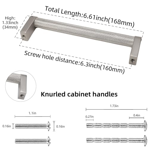 10 Pack 6-1/4 inch(160mm) Brushed Satin Nickel Kitchen Cabinet Handles Knurled Cabinet Pulls Silver Drawer Pulls Kitchen Cabinet Hardware Handles Drawer Pulls Dresser Handles - color: Brushed Satin Nickel, size: 6-1/4" Hole Center（160mm）