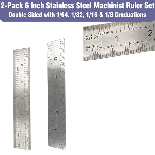 6 Inch Machinist Ruler Set - 2 Pack Stainless Steel Precision Double Sided Ruler with 1/64, 1/32, 1/16 & 1/8 Inch Graduations, Etched Markings - for Engineers,Woodworking and DIY (2, 6 Inch) - size: 6 Inch