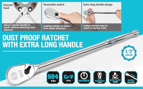 DURATECH Extra Long Handle 1/2-Inch Drive Ratchet, 90-Tooth Ratchet Wrench - size: 1/2" with 15" handle