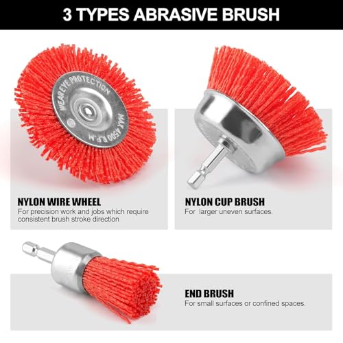 POLIWELL 9 Pack Nylon Filament Abrasive Wire Sanding Brush Wheel | Cup Brush Set Ideal for Grill Cleaning. Made of Drill Bit for Steel Rust Removing + 1/4” Hex Shank Flaking Paint Refinishing