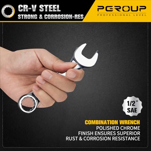 1/2" SAE Stubby Combination Wrench, CR-V Steel with Mirror Polish, 12-Point Design, 15-Degree Offset, Perfect for Auto Repair, Household, Car & Truck Emergency - size: 1/2"