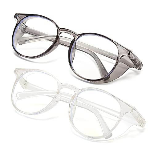 2 Pairs Anti Fog Safety Goggles Protective Glasses Blue Light Blocking Eyeglasses for Men Women - color: Round Grey+transparent