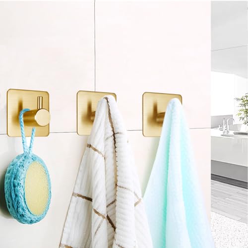 Fotosnow Gold Adhesive Hooks 15LB (Max), Non Tarnish Sticky Hooks for Hanging Towels, Coat, Backpack, Purse, Hat, Key, Self-Adhesive Towel Holder for Shower Closet Bathroom-4 Packs - color: Gold-4 Pack