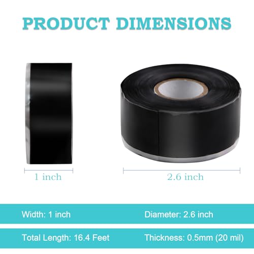Self Fusing Silicone Tape 1 in x 16.4' Black Waterproof Rubber Leak Proof Sealing Silicone Rubber Self-amalgamating Tape for Emergency Hot and Cold Water Pipe Repairs and Tool Fixation - size: 1 Roll - 16.4 ft - Black - 20 mil Thickness