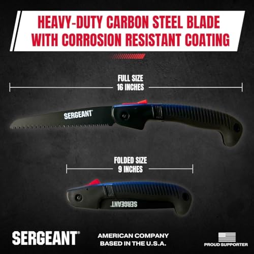 SERGEANT Folding Hand Saw with Pouch. Pruning hand saw. Best for Wood, Bone, PVC, Tree Pruning, Gardening, Camping, Hunting, Outdoors, Tool Box. Rugged 7" Steel Blade & Slip-Resistant Rubber Grip.
