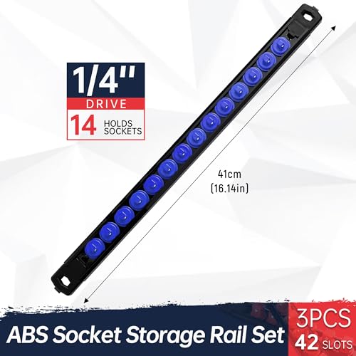 Reniteco Magnetic Socket Organizer, 1/4-Inch Drive ABS Sockets Rail, Heavy Duty Sockets Holder, Socket Rack Kit 1/4-Inch x 14 Clips - color: Blue, size: 1/4" DR