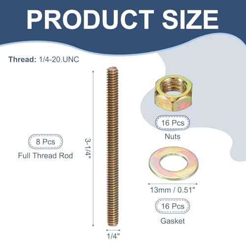 PATIKIL 1/4" x 3-1/4" Color Zinc Fully All Thread Rod, 8 Pcs Carbon Steel Long Threaded Screw Stud Bolts for Furniture Garden Mounting Assembly Fastening - size: 1/4" x 3-1/4"
