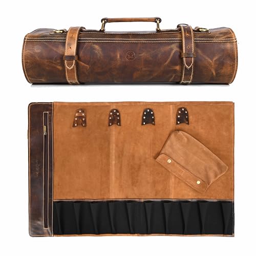 Aaron Leather Goods Vendimia Estilo Leather Knife Roll Storage Bag, Elastic and Expandable 10 Pockets, Adjustable/Detachable Shoulder Strap, Travel-Friendly Chef Knife Case Roll (Caramel, Leather) - color: Caramel