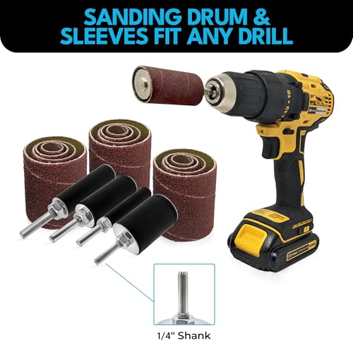LINE10 Tools 28pk Sanding Drum and Sleeves Set, Spindle Sander Attachment for Drill and Drill-Press, Die-Grinder, 2-inch Extra Long Surface, 1/4-inch Shank 60, 80, 120 and 240 Grit