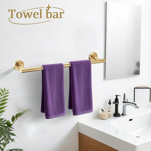 6 Pieces Brushed Gold Bathroom Hardware Accessories Set Hand Towel Ring 16&23.6 inch Round Towel Bar Toilet Paper Holder Towel Hooks 2 Pieces SUS 304 Stainless Steel,Heavy Duty,Wall Mounted - color: Brushed Gold, size: 6 piece 24"
